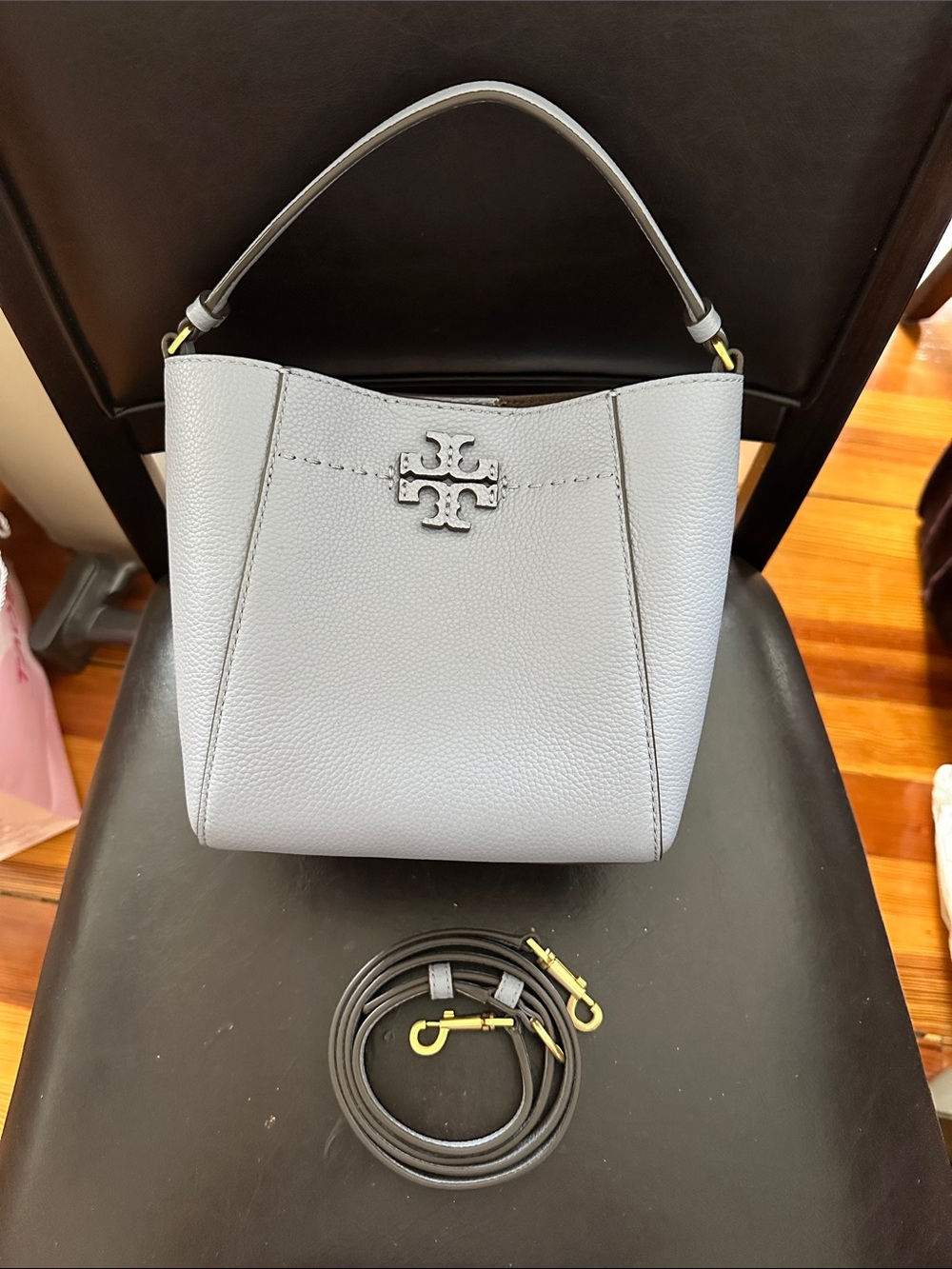 Tory Burch Pebbled Leather McGraw Small Bucket Bag in Cloud blue